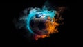 Abstract soccer ball igniting in fiery competition on black background generated by AI Royalty Free Stock Photo