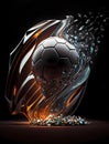 Abstract soccer ball made of crystal in motion with a trail of shattered glass and flames behind it on black background Royalty Free Stock Photo