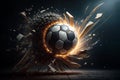 Abstract soccer ball in midair bursting through rocks with flames and sparks flying Royalty Free Stock Photo