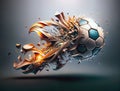 Abstract soccer ball with orange flames coming out of it and surrounded by sparks and flying debris on gray-blue color background Royalty Free Stock Photo