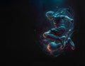 Abstract Soccer player jumping in Midair kicking a soccer ball and illuminated by a neon blue light. Copy space for text or design