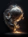 Abstract soccer player kicking a mid-air soccer ball on fire and flying sparks and debris around Royalty Free Stock Photo