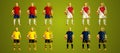 Abstract soccer players Group A line up, wearing colorful uniforms/kits, scattered pieces vector illustration