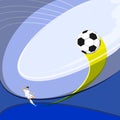 Abstract soccer scene with player kicking ball, creating dynamic curve on blue background. Poster for soccer competition Royalty Free Stock Photo
