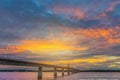 Abstract soft blurred and soft focus silhouette sunrise with the beautiful sky in the morning at Thailand, Laos friendship bridge