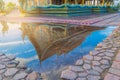 Abstract soft blurred and soft focus silhouette the sanctuary, temple, with shadow reflected in the water, the beam, light and len