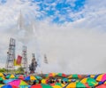 Abstract soft focus the crowds with umbrella were watching Thailand fireball skyrocket taking off to the colorful beautiful sky