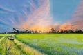 Abstract soft focus semi silhouette the bicycle,green paddy rice field with the beautiful sky and cloud in the evening in Thailand Royalty Free Stock Photo