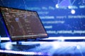Abstract software development concept with code and laptop on blurred background representing programming, coding and Royalty Free Stock Photo