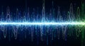 Abstract sound wave visualization with glowing blue and green particles and lines Royalty Free Stock Photo