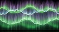 Abstract sound waves light glowing background visualizer with vibrant purple and green colors representing frequency and energy in Royalty Free Stock Photo