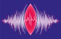 Abstract sound waves oscillating around heart pulse background. Vector radial music technology poster