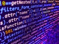 Abstract source code background. Mobile app developer. Lines of Html code visible. Developer working on source codes on computer Royalty Free Stock Photo