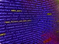 Abstract source code background. PHP development, software site code. Software developer programming code on black screen. Modern Royalty Free Stock Photo