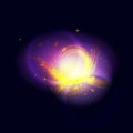 Abstract space cosmic flare on planet with stars in dark violet Royalty Free Stock Photo