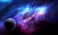 Abstract space 3D illustration, 3d image, background, a bright planet in space in a nebula and the shining of stars in purple Royalty Free Stock Photo