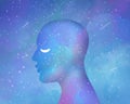 Abstract space fantastic profile of a person on the background of infinity. Spiritual awakening, reiki, healing