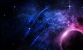 Abstract space illustration, bright purple planet and abstract shining lines from stars, 3D image Royalty Free Stock Photo