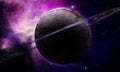 Abstract space illustration, 3D image, bright purple planet Saturn and space nebula Royalty Free Stock Photo