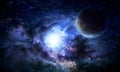 abstract space illustration, 3d image, nebula and the planet in the glow of stars Royalty Free Stock Photo