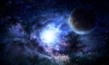 Abstract space illustration, 3d image, nebula and the planet in the glow of stars Royalty Free Stock Photo