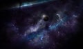 Abstract space illustration, 3d image, planets in space, the radiance of stars, satellites in the sky