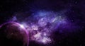 Abstract space illustration, moon in shining stars in violet tones