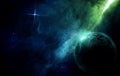 Abstract space 3D illustration, planet and blue-green nebula in the radiance of stars Royalty Free Stock Photo