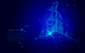 Abstract space polygonal art. Triangle cube and globe. Dark blue night sky background isometric connected dots line point i