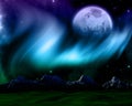 Abstract space scene with northern lights and fictional planet