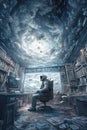 Abstract spaceman in fantasy office world in the universe. Astronaut in crumbling technological concept room.