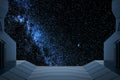 Abstract spaceship with bright starry sky view. Mock up place. Universe and fantasy concept. Royalty Free Stock Photo