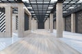 Abstract spacious wooden and concrete industrial warehouse interior with city view and daylight. Royalty Free Stock Photo