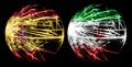 Abstract Spain, Spanish, Iran, Iranian sparkling flags, sport ball game concept isolated on black background