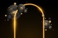 Abstract sparkling neon arc with dynamic 3d spheres textured with golden striped pattern. Glowing futuristic frame with magical
