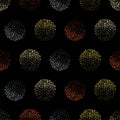 Abstract sparkling orange, gold and blue dotted circles on black background. Seamless geometric vector pattern Great for Royalty Free Stock Photo