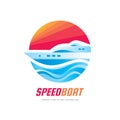 Abstract speed boat and blue sea waves - vector business logo template concept illustration. Ocean ship graphic creative sign.