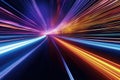 Abstract Speed light trails effect path, fast moving neon futuristic technology background, future virtual reality, motion effect