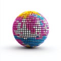 An abstract sphere is covered in a mosaic of colorful squares, creating a pixelated texture.