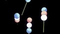 Abstract spherical shaped marshmallows on a skewers falling down isolated on a black background. Design. Delicious