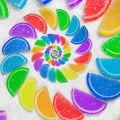 Abstract spiral fruit jelly rainbow wedges slices on white sugar sand background. Rainbow jelly candies. Sweet fruit jelly liths.