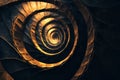 Abstract spiral geometry, with golden curves expanding outward in a Fibonacci-inspired composition.