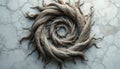 Abstract spiral of gnarled tree roots forms intricate pattern on cracked marble surface. Dry organic wood structure shows nature Royalty Free Stock Photo