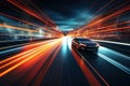 Abstract sport car in motion speed light in city. Fast moving car with shining glowing urban cityscape blurred lights Royalty Free Stock Photo