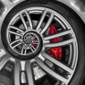 Abstract sport car spiral wheel rim with tire, brake disc. Automobile repetitive pattern background illustration. Car wheel and ti Royalty Free Stock Photo