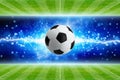 Soccer ball, powerful bright blue lightning, green soccer fields Royalty Free Stock Photo