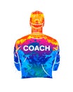 Abstract sports coach stands with his back in a T-shirt and baseball cap. Background for sports or coaching theme