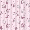 Abstract spotted purple and gray cat or dog footprints on pink striped background