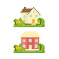 Abstract spring background with cozy home, house, cottage, with