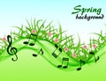 Abstract spring background with music notes and a treble clef